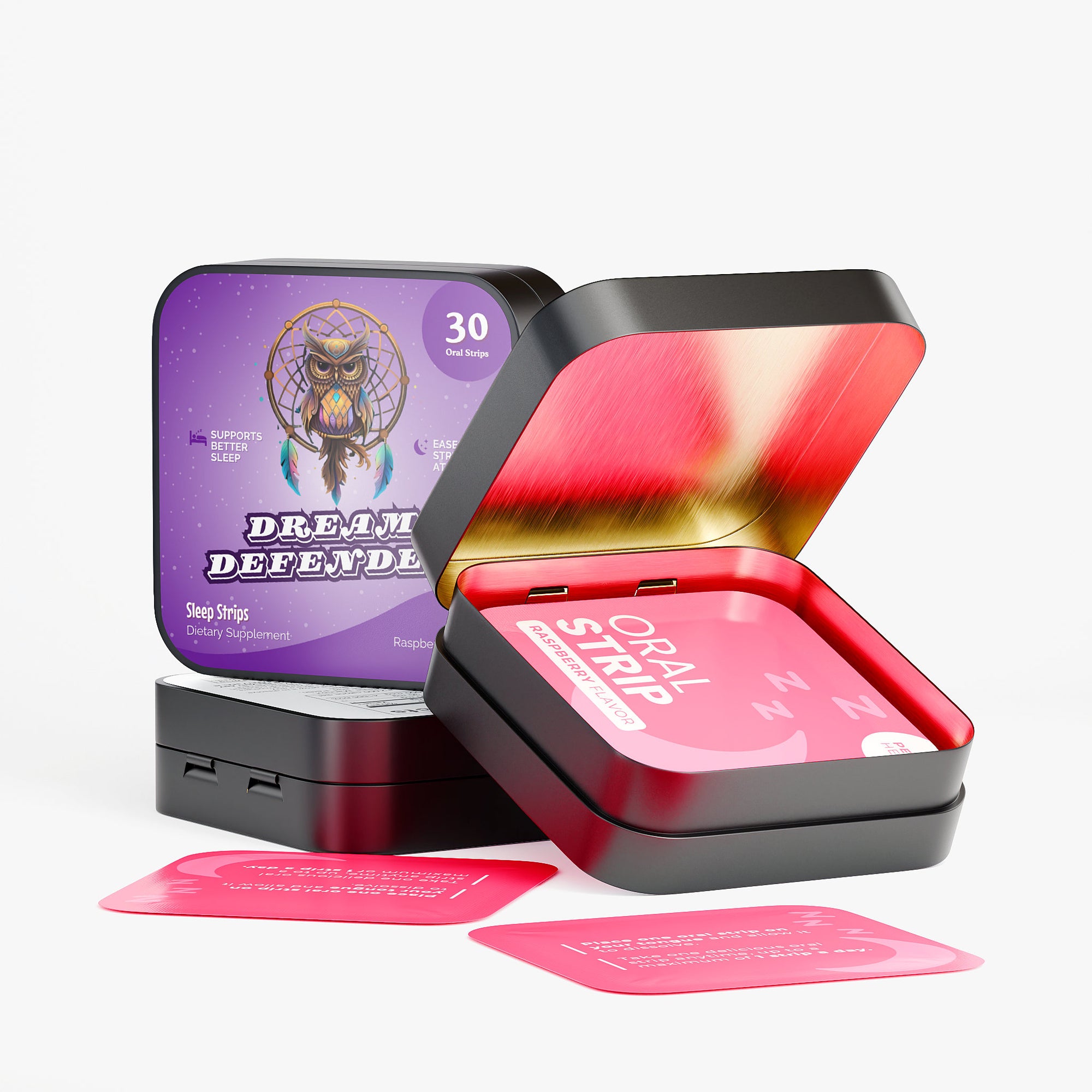 Happy Strips Dream Defender Packaging – Raspberry Sleep Aid Oral Strips with Melatonin