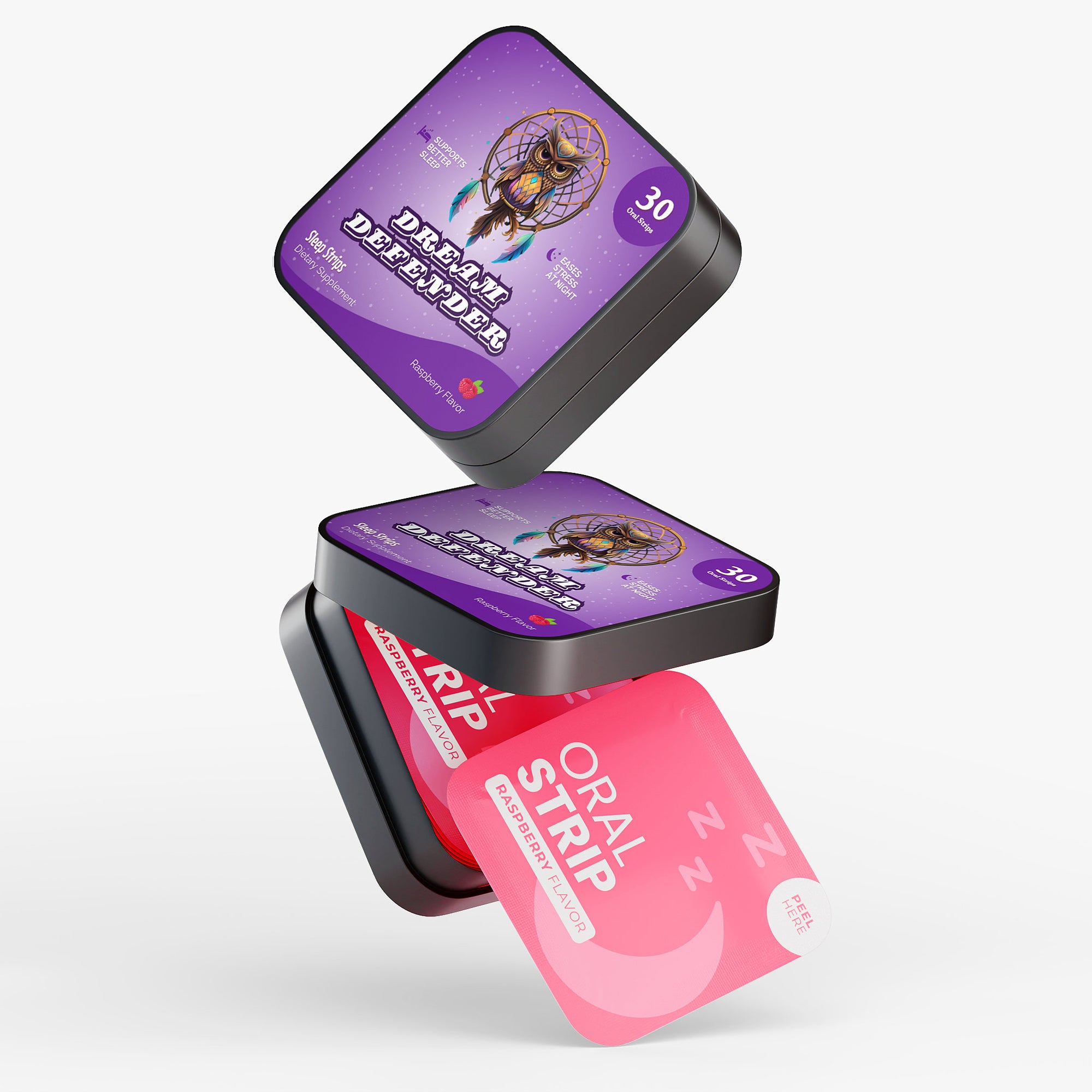 Happy Strips Dream Defender Packaging – Raspberry Sleep Aid Oral Strips with Melatonin