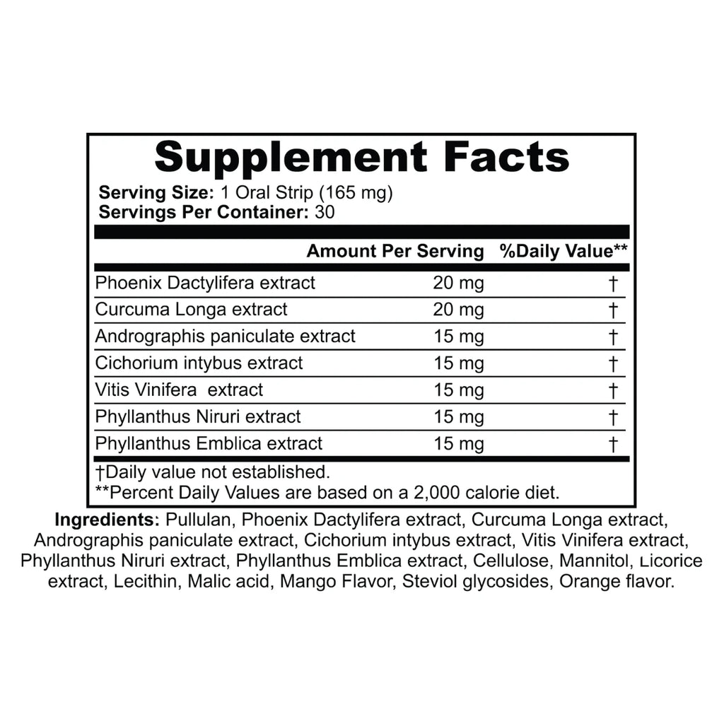 Supplement facts label with extract names and amounts on a white background