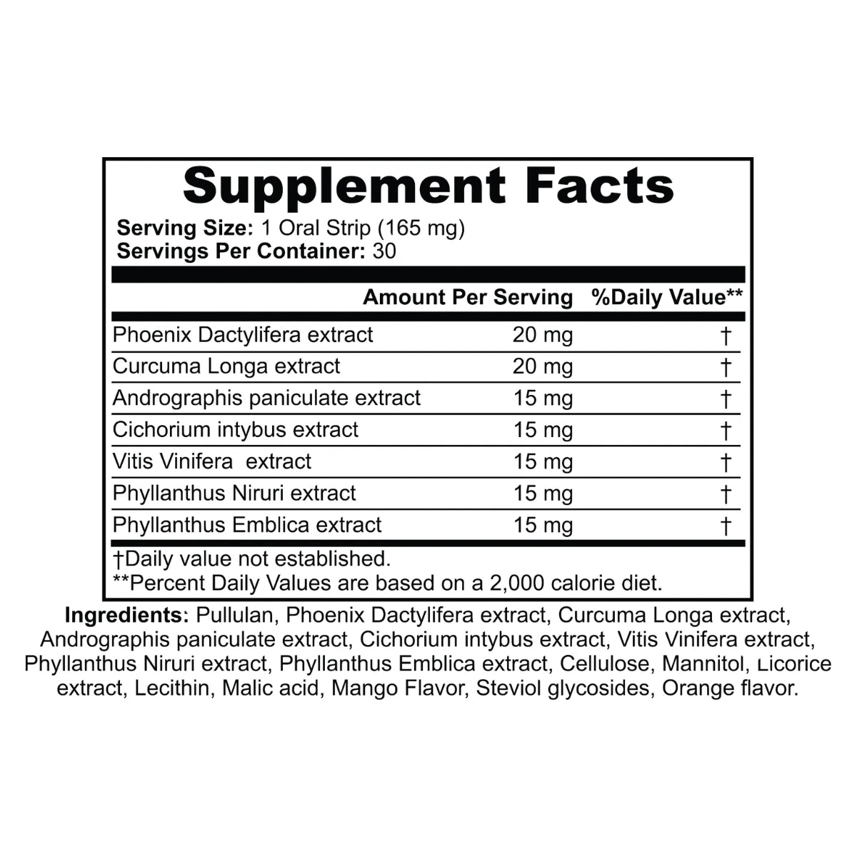 Supplement facts label with extract names and amounts on a white background