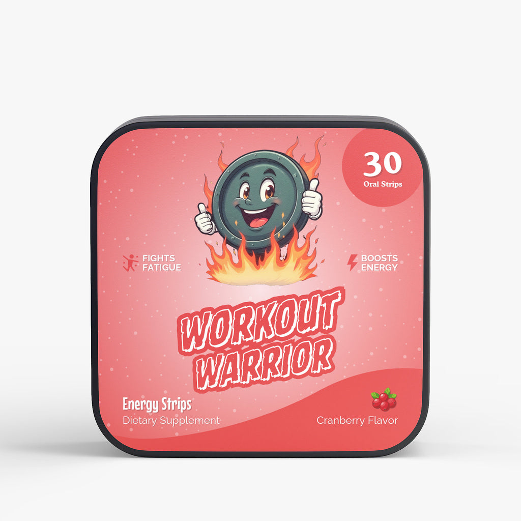 Happy Strips Workout Warrior Packaging – Energy Boosting Oral Strips with Caffeine and B Vitamins