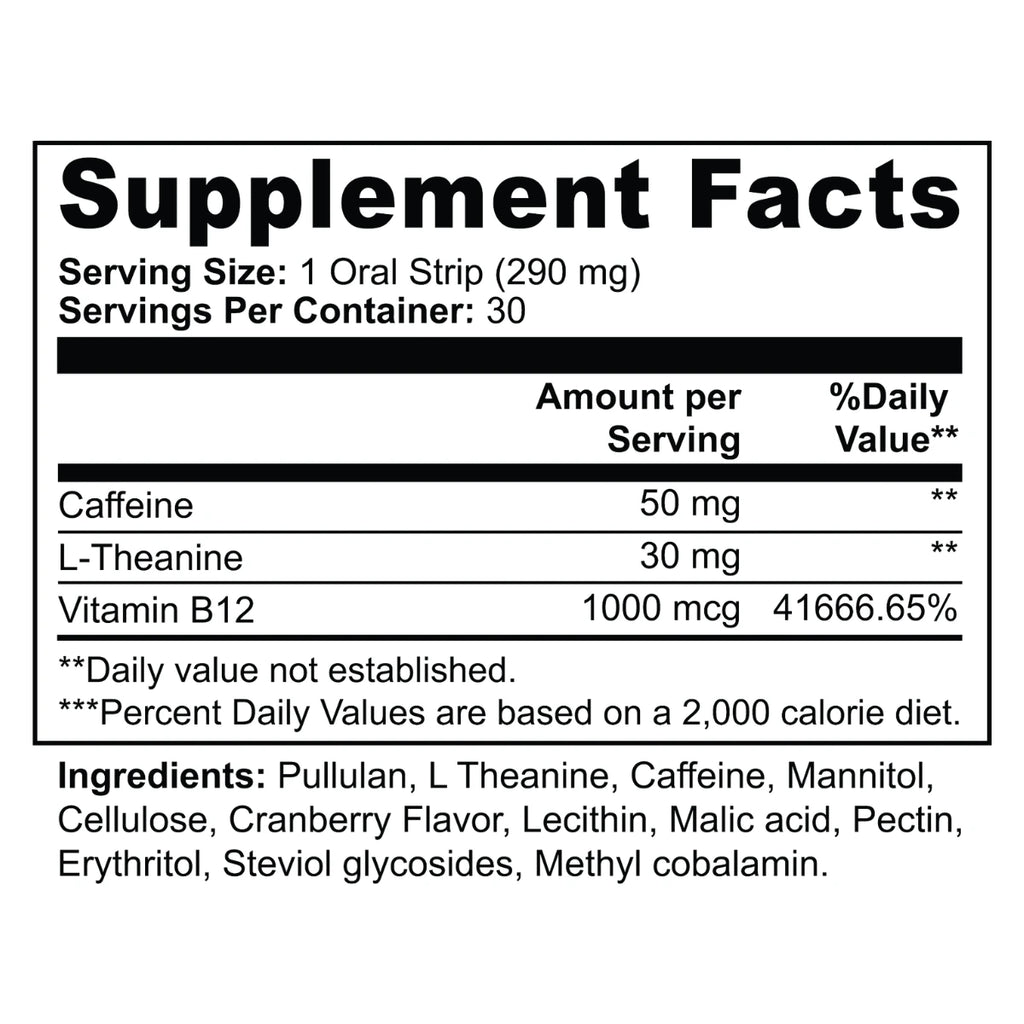 Supplement facts label with caffeine, L-theanine, and Vitamin B12 content on a white background.