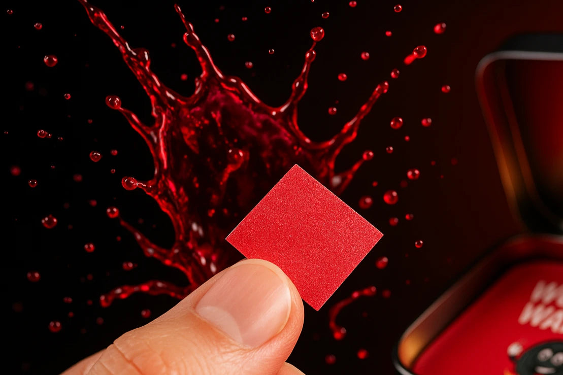Close-up of red energy oral strip held between fingers with cranberry splash background – Workout Warrior by Happy Strips